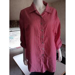 NWT Roommates Red Stripe Button Front Top 1X Roll Tab Sleeve Minimalist Office